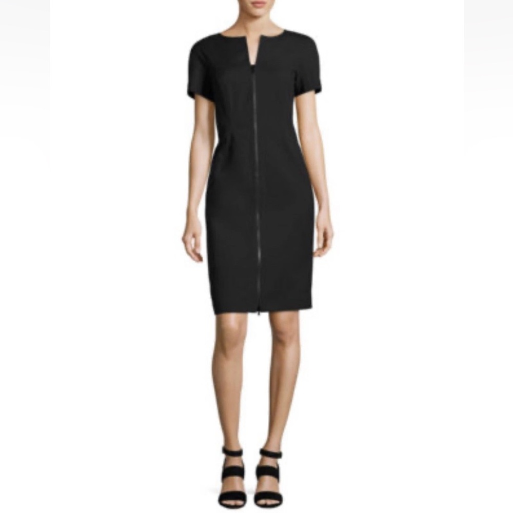 Lafayette 148 Sheath Dress Size 8 Deja Black Zip-Front Bi-Stretch Poplin Cotton